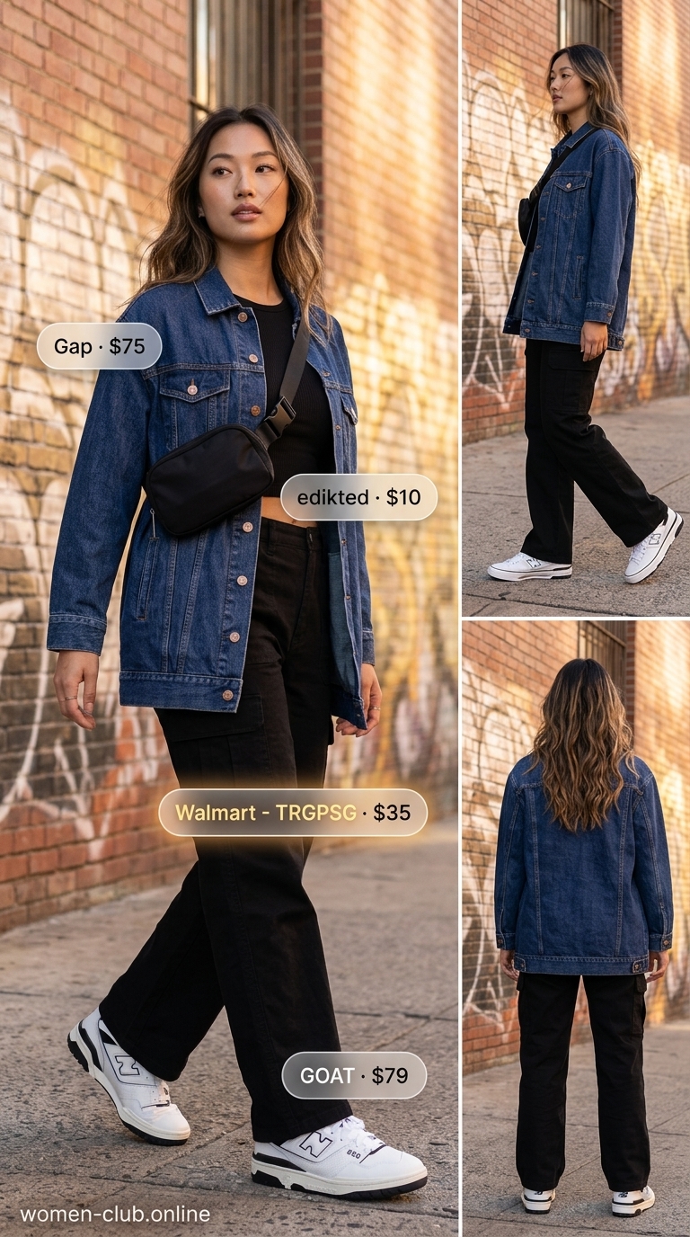 Street style outfit inspo summer for women 2026: Black cargo pants, grey crop top, denim jacket, and chunky sneakers for an edgy look.