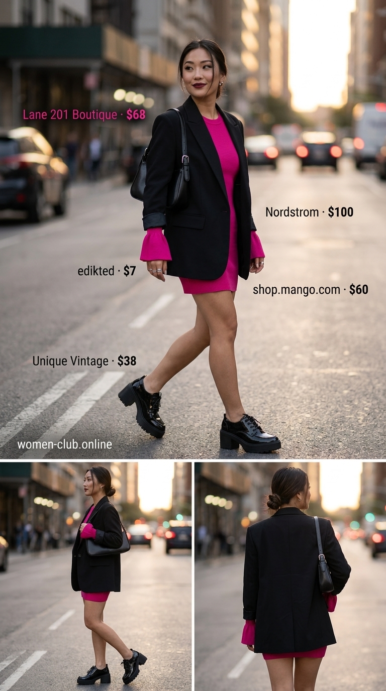 Street style outfit inspo summer for women 2026: Hot pink mini dress, oversized blazer, platform loafers, and mini bag for a bold look.