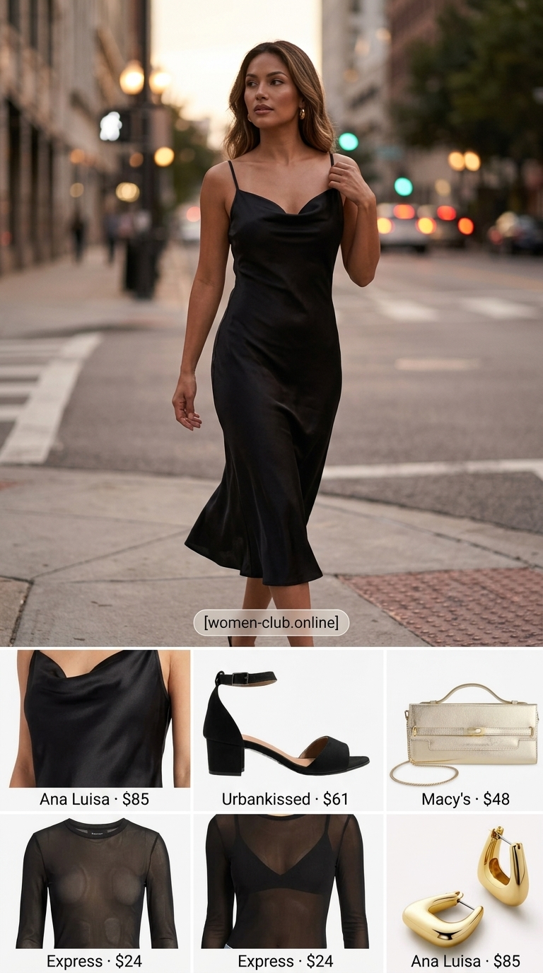 Sunset rooftop outfit inspo summer for women 2026: Black slip dress, mesh top, gold clutch.