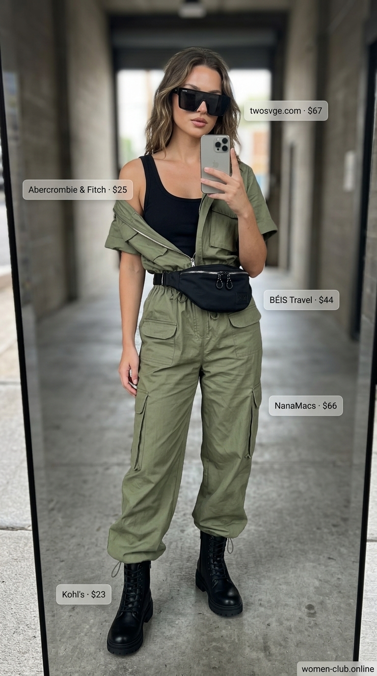 Utility chic outfit inspo summer for women 2026: Olive green jumpsuit, combat boots, belt bag.