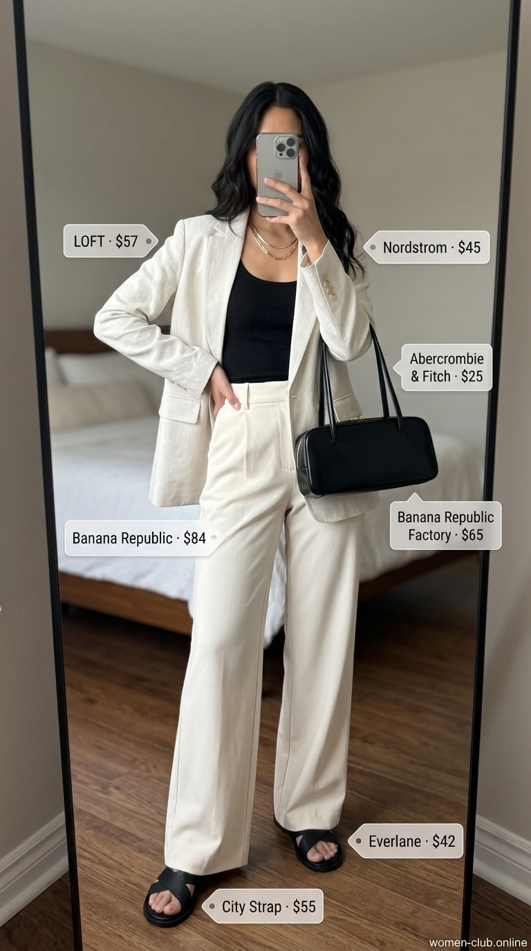 Street style outfit inspo summer for women 2026: Cream wide-leg trousers, blazer, tank top, and minimalist sandals for a polished look.