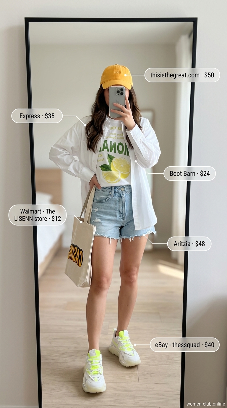 Urban explorer outfit inspo summer for women 2026: Denim shorts, white shirt, yellow cap.