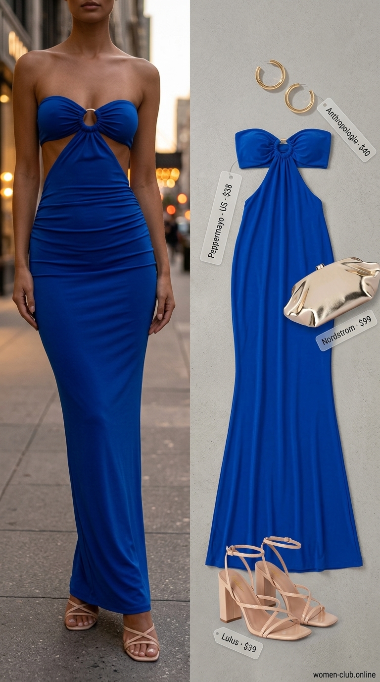 Cobalt blue maxi dress outfit inspo summer for women 2026: Cut-outs, high slit, gold accessories.