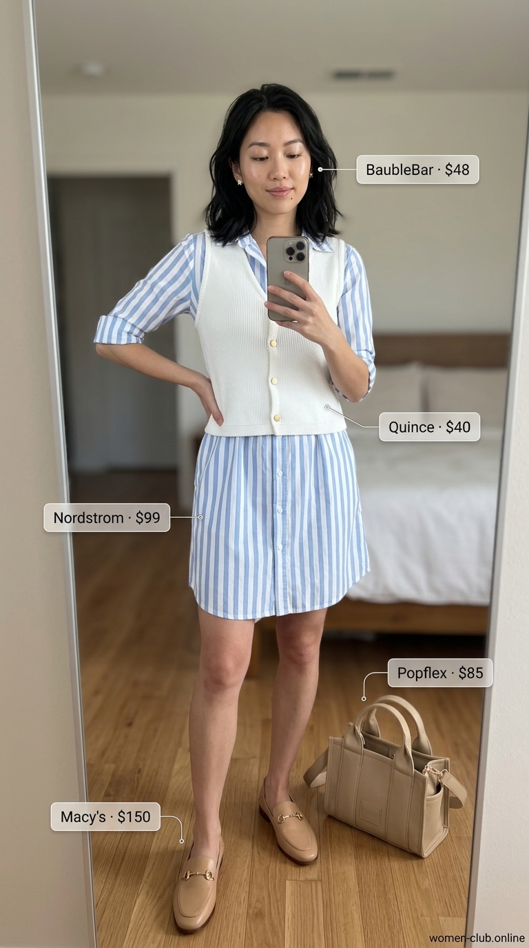 Street style outfit inspo summer for women 2026: Blue striped shirt dress, knit vest, loafers, and tote bag for a preppy look.