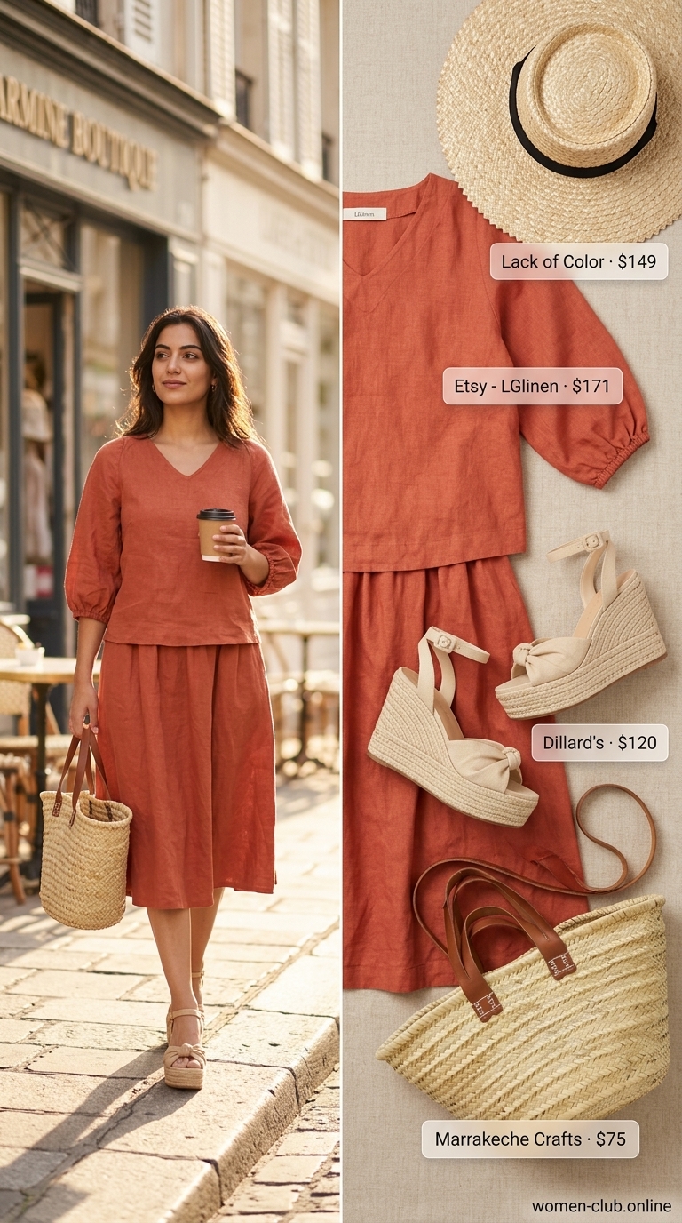Terracotta linen set, straw hat, and espadrilles for street style outfit inspo summer for women 2026.