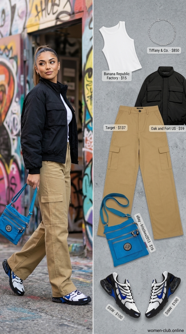 Street style outfit inspo summer for women 2026: Khaki cargo pants, white tank, bomber jacket, and chunky sneakers for an urban look.