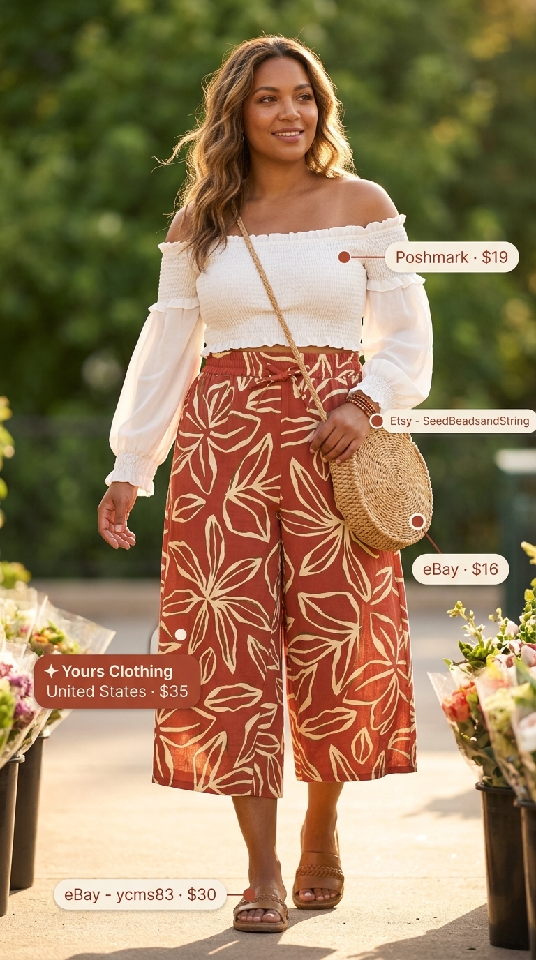 Terracotta floral print pleated summer tailored culottes for women 2026 styled for a bohemian picnic.