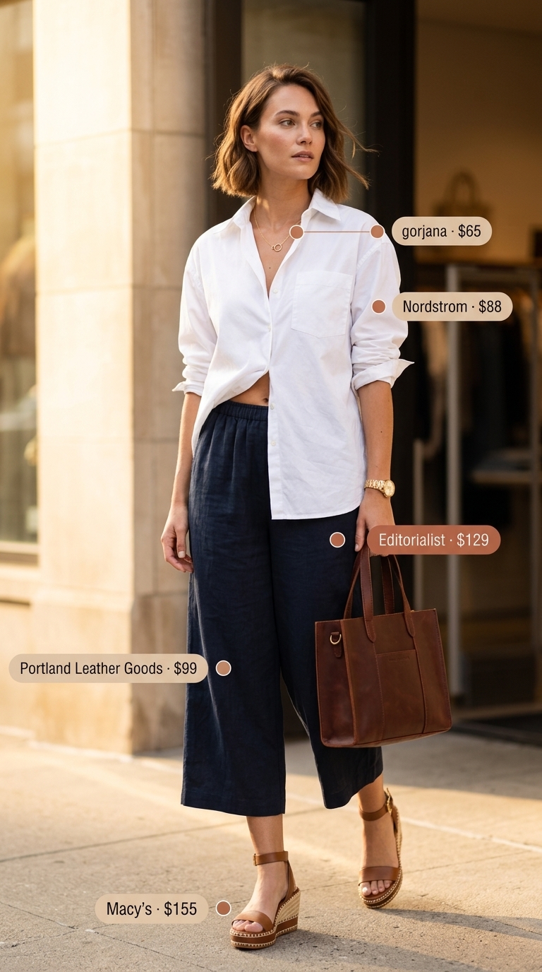 Navy blue pleated summer tailored culottes for women 2026 with a crisp white shirt for Riviera brunch elegance.