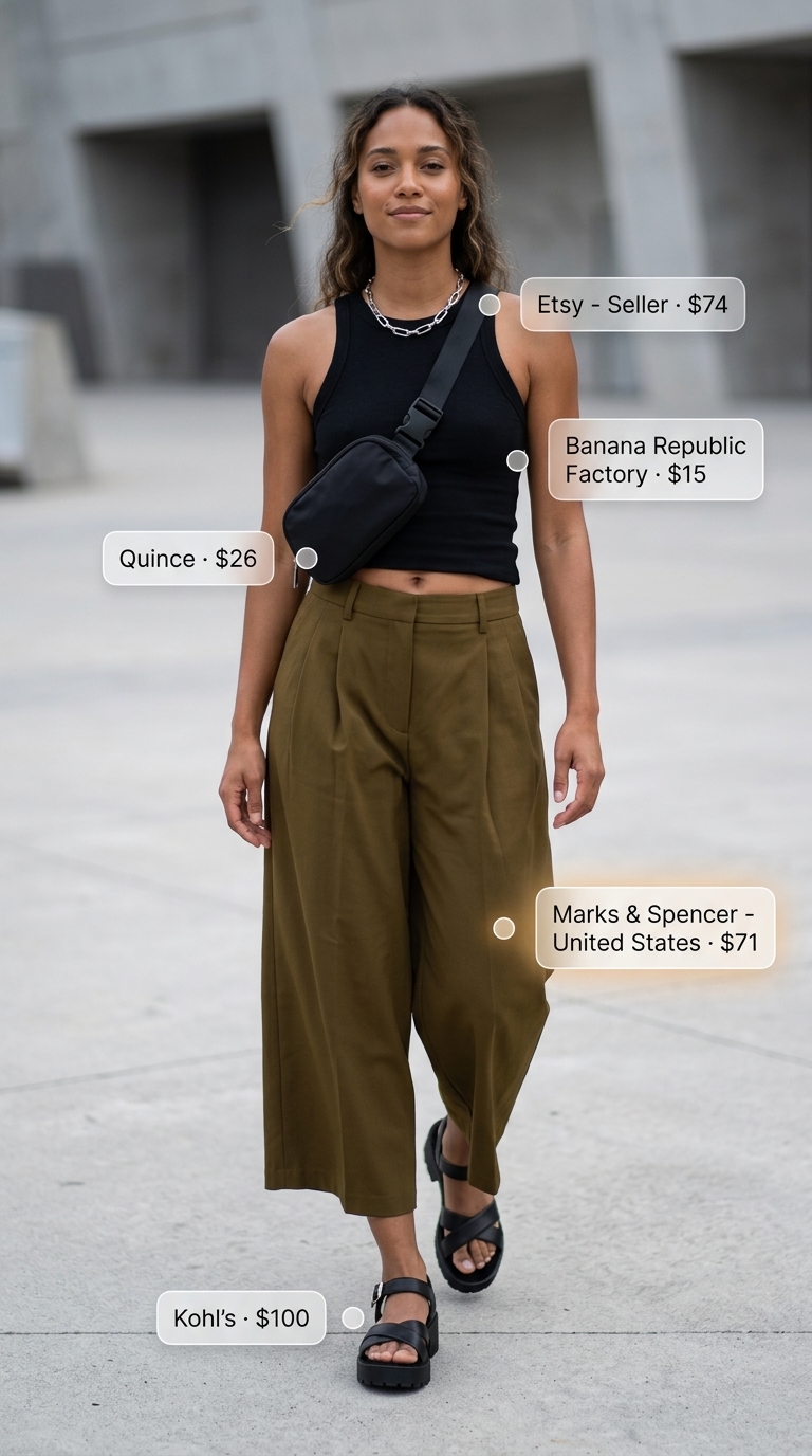 Olive green pleated summer tailored culottes for women 2026 paired with a black ribbed tank and chunky sandals for city adventures.