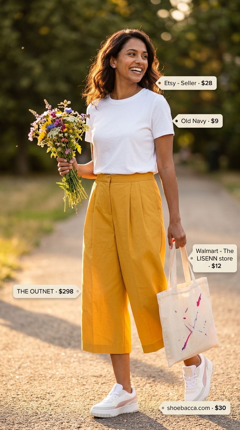 Sunny yellow pleated summer tailored culottes for women 2026 with a white tee, canvas tote, and platform sneakers for a playful summer market.