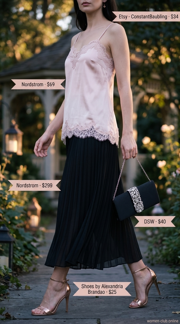 Black pleated summer tailored culottes for women 2026 with a blush pink camisole for a sophisticated garden soirée.