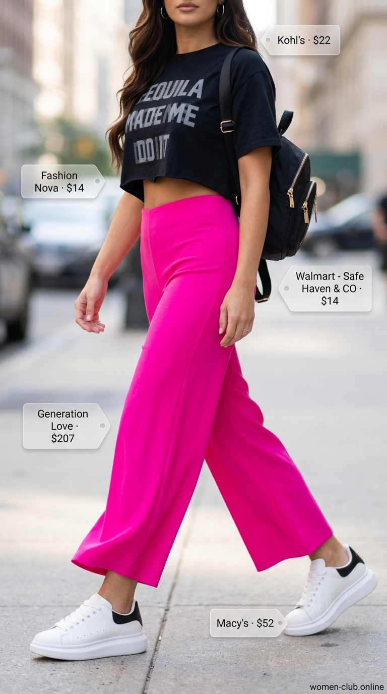Fuchsia pleated summer tailored culottes for women 2026 with a black graphic tee, mini backpack, and chunky sneakers for vibrant summer street style.