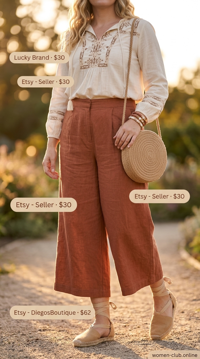Terracotta Tencel blend pleated summer tailored culottes for women 2026 for a boho sunset gathering.