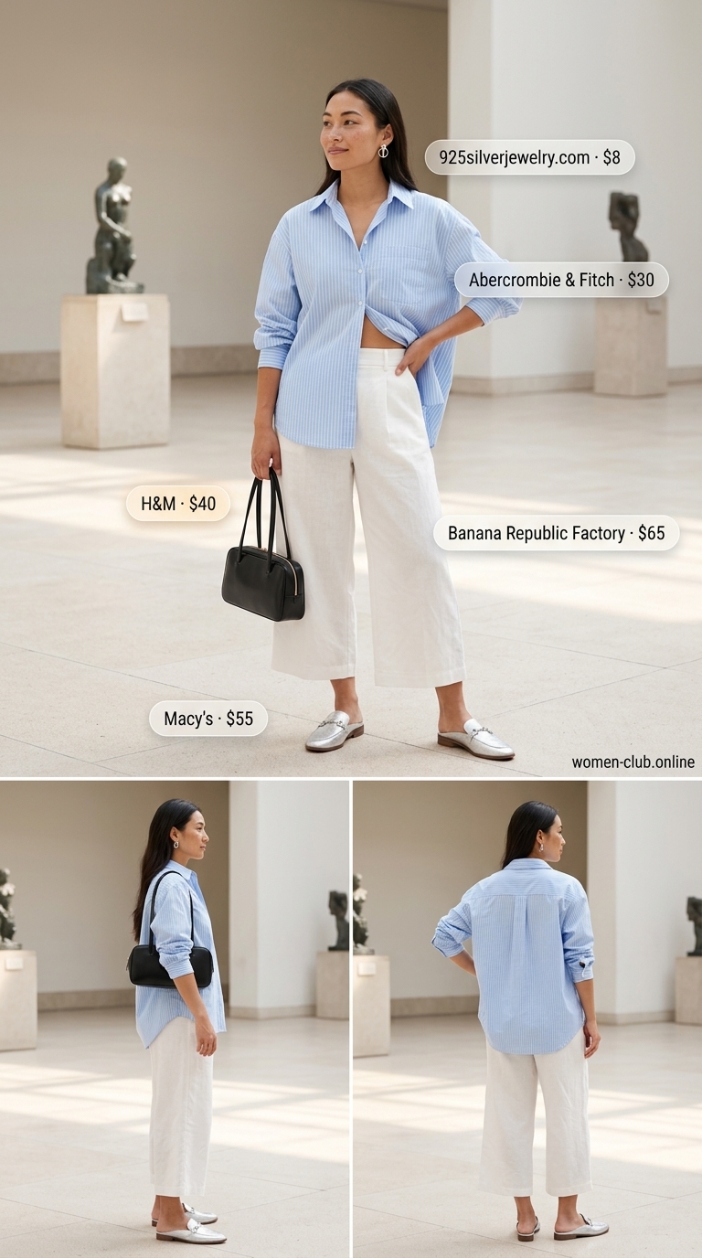 White pleated summer tailored culottes for women 2026 with a blue stripe shirt, black tote, and silver mules for summer Friday chic.