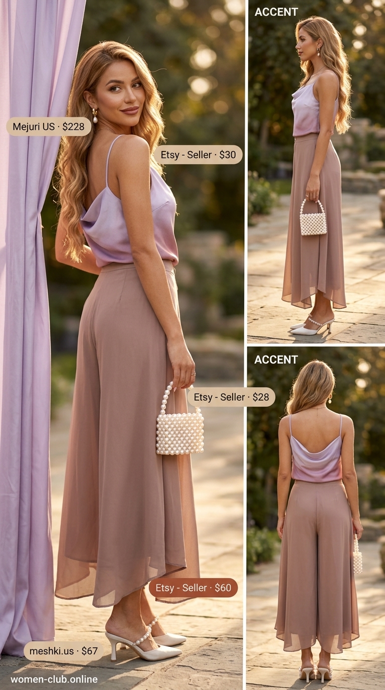 Mint green pleated summer tailored culottes for women 2026 with a lavender camisole for garden party glamour.