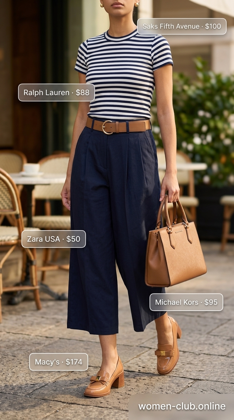 Navy blue pleated summer tailored culottes for women 2026 in a polished Riviera brunch outfit.