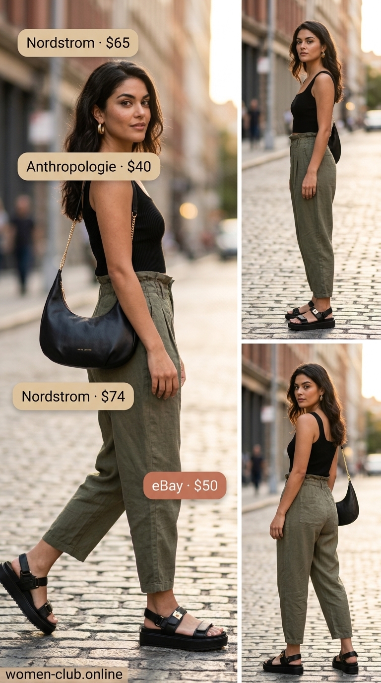 Olive green pleated summer tailored culottes for women 2026 with a black crop top for an urban safari adventure.