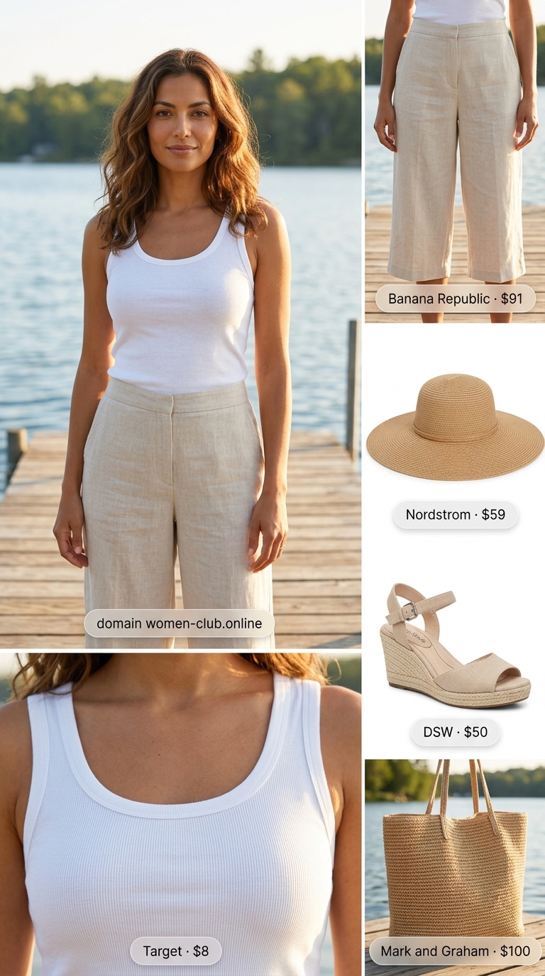 Light beige pleated summer tailored culottes for women 2026 for a casual lakeside escape.
