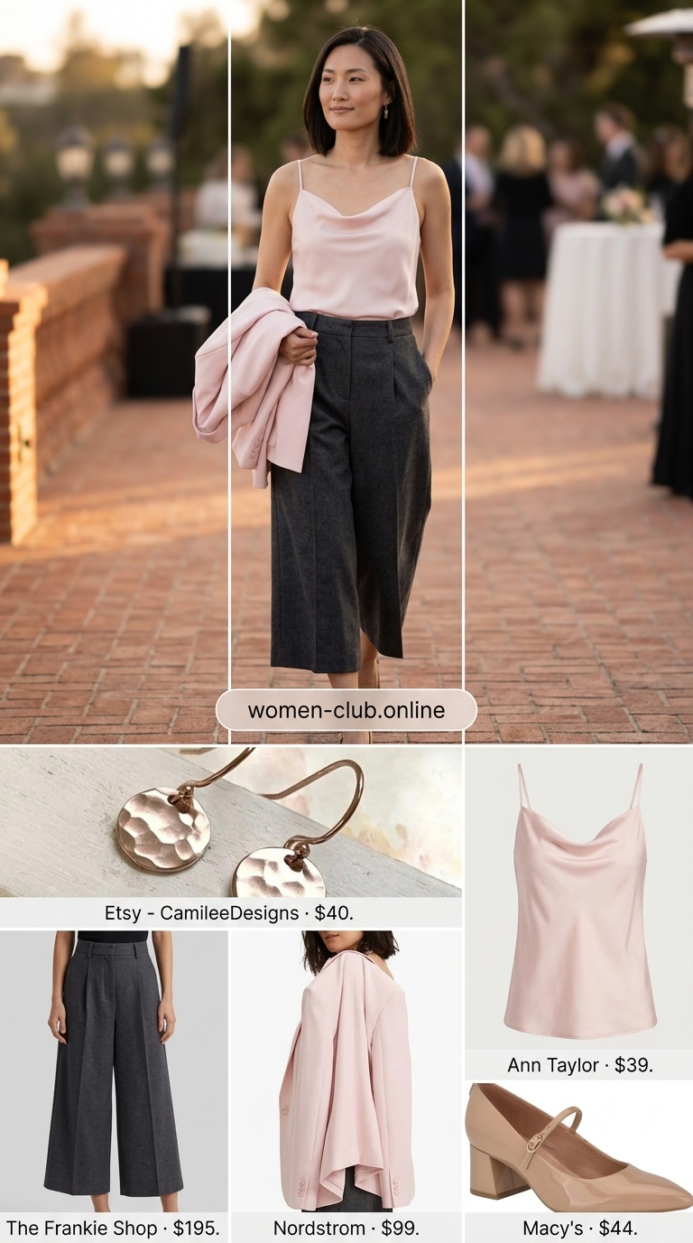 Charcoal grey pleated summer tailored culottes for women 2026 with a blush pink blouse for a professional summer soiree.