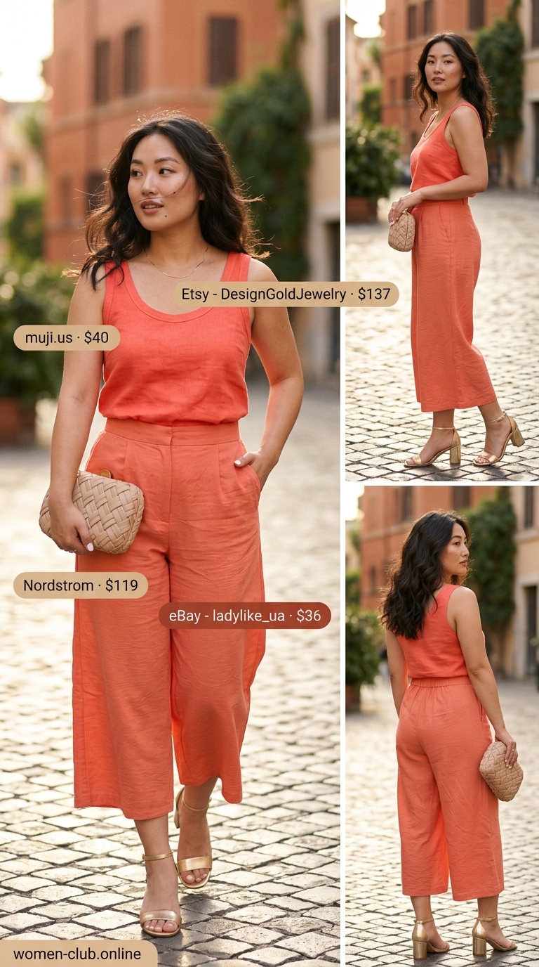 Coral pleated summer tailored culottes for women 2026 styled for a golden hour vacation evening.