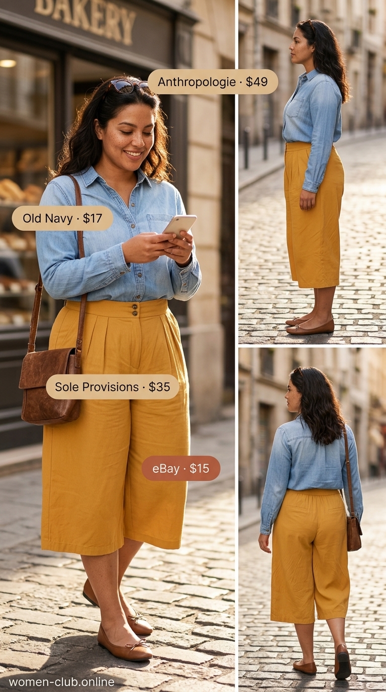 Mustard yellow pleated summer tailored culottes for women 2026 with a denim shirt, brown crossbody bag, and ballet flats for an artsy cafe.