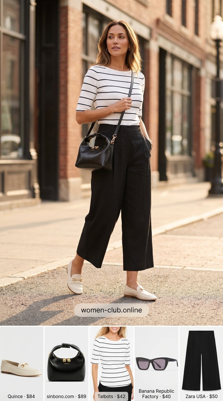 Black pleated summer tailored culottes for women 2026 with a striped tee for chic city exploration.