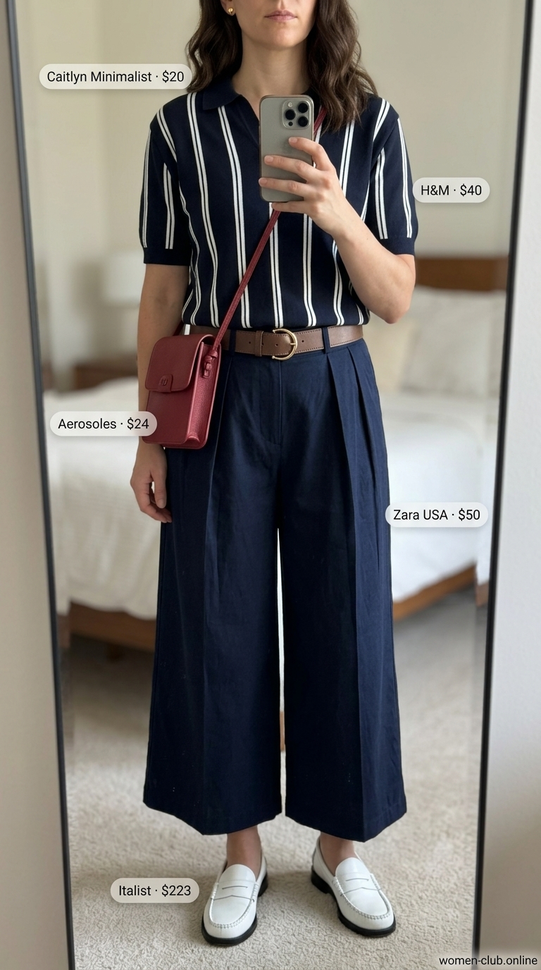 Navy blue pleated summer tailored culottes for women 2026 with a striped polo shirt, white loafers, and red crossbody bag for a preppy seaside lunch.