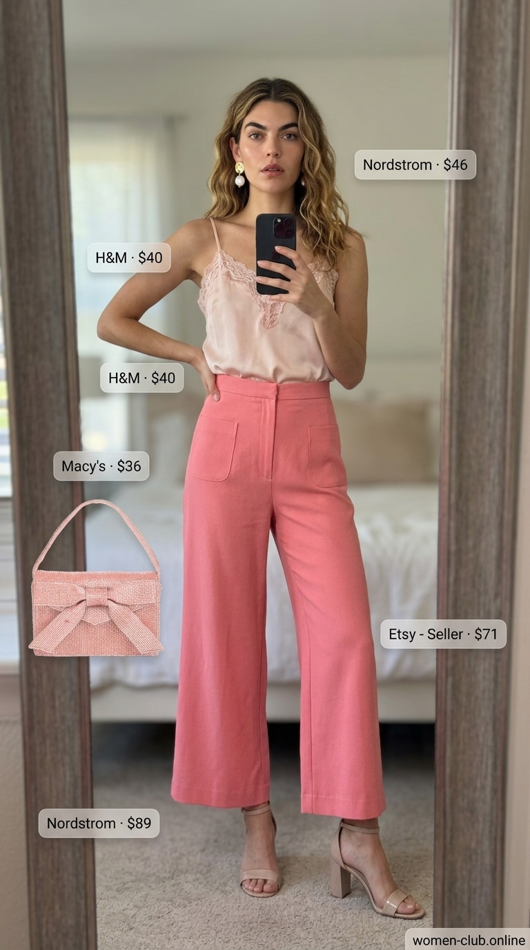 Coral pink pleated summer tailored culottes for women 2026 paired with a blush silk camisole for a garden party.