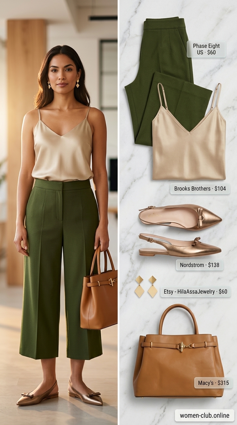 Deep teal pleated summer tailored culottes for women 2026 with a camel blouse for modern creative workdays.