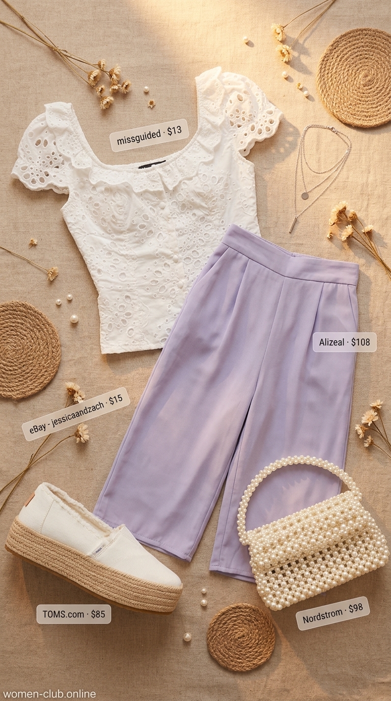 Lavender pleated summer tailored culottes for women 2026 with a white eyelet crop top, pearl bag, and espadrille flatforms for a romantic brunch.