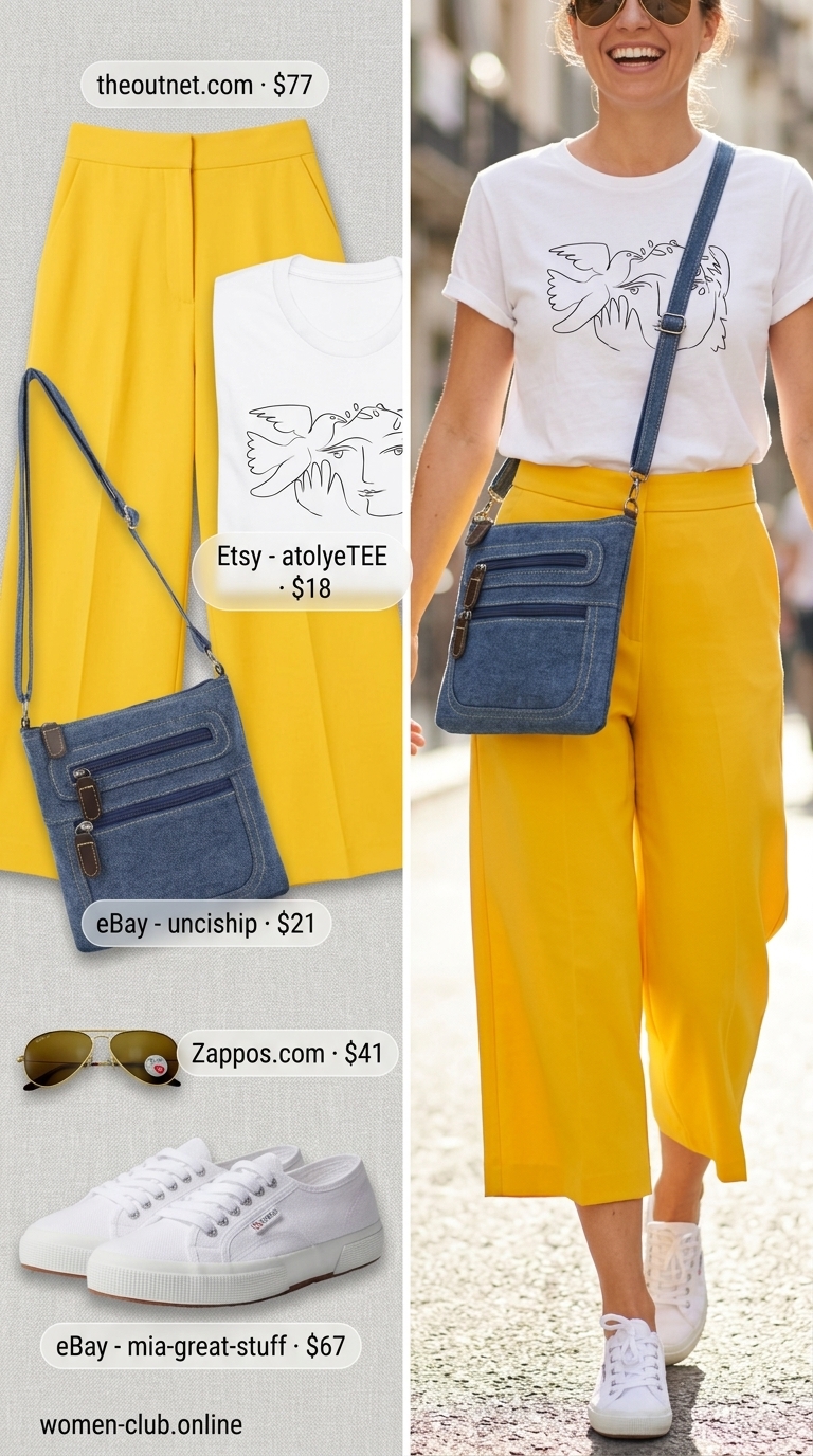 Bright yellow pleated summer tailored culottes for women 2026 with white graphic tee, denim crossbody bag, and white sneakers for city sightseeing.