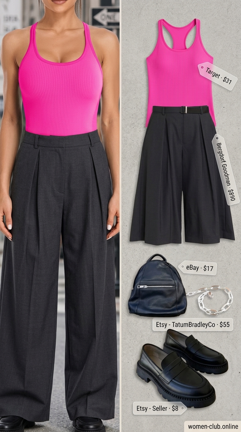 Charcoal grey pleated summer tailored culottes for women 2026 with a hot pink top for an edgy festival vibe.