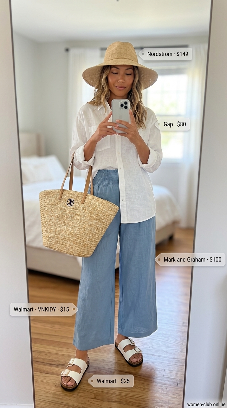 Sky blue pleated summer tailored culottes for women 2026 with a white linen shirt, straw hat, and slide sandals for a coastal escape.