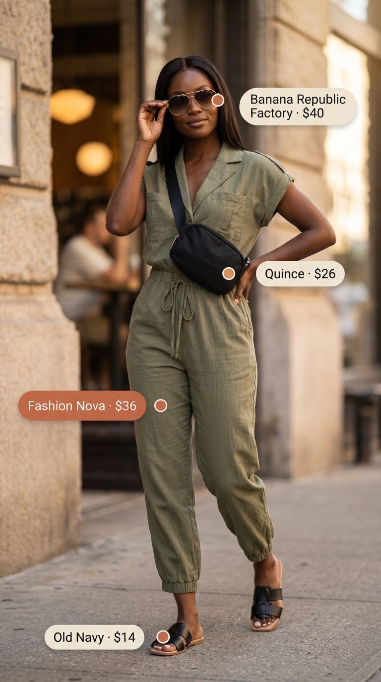 Baggy summer streetwear for women 2026: Olive green utility jumpsuit, black belt bag, gold necklaces, chunky slides.