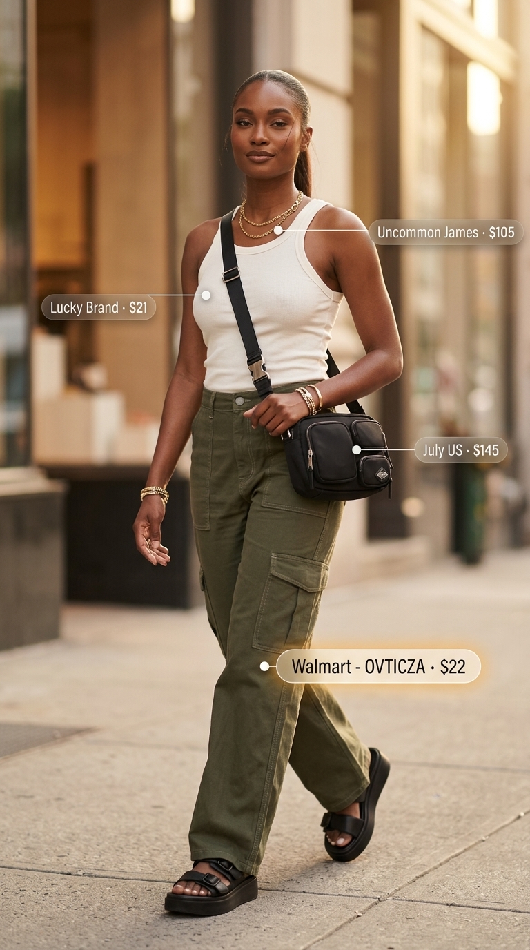 Baggy summer streetwear for women 2026: Khaki cargo pants, white tank, black crossbody, chunky sandals.