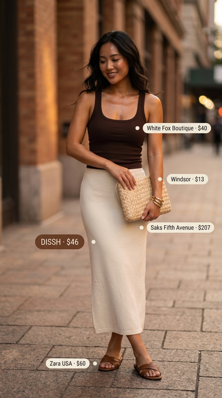 Baggy summer streetwear for women 2026: Cream knit midi skirt, brown tank, brown sandals, straw clutch.