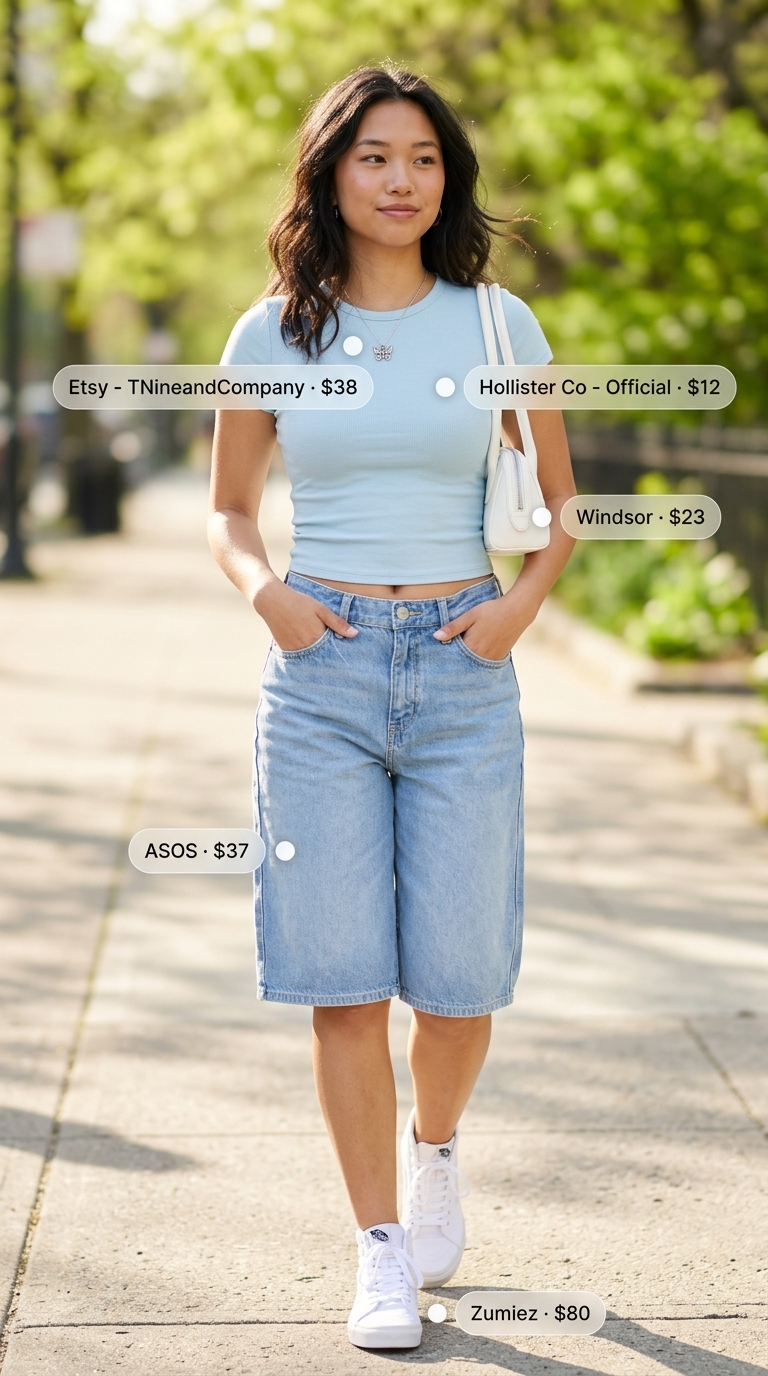 Baggy summer streetwear for women 2026: Light wash baggy denim shorts, lime green baby tee, silver necklace, white bag.