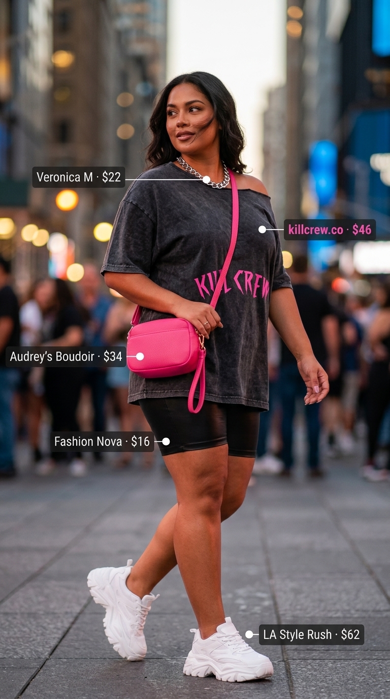 Baggy summer streetwear for women 2026: Black biker shorts, graphic tee, hot pink bag, chunky sneakers.