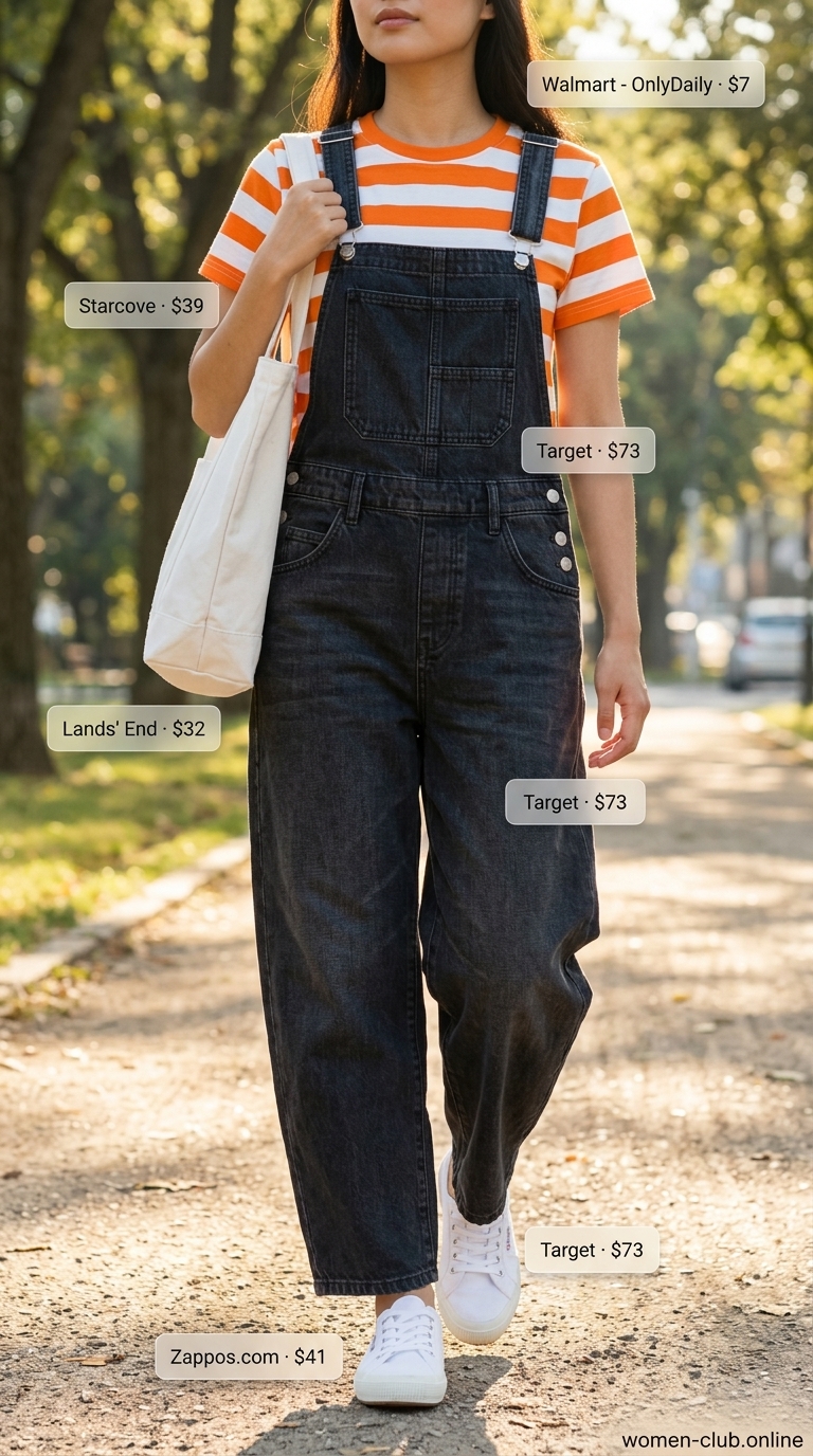 Baggy summer streetwear for women 2026: Denim overalls, striped tee, orange cap, white sneakers.