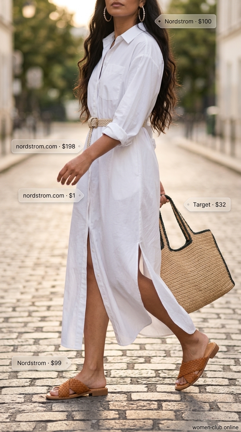 Baggy summer streetwear for women 2026: White oversized cotton maxi shirtdress, tan straw tote, leather sandals, gold earrings.
