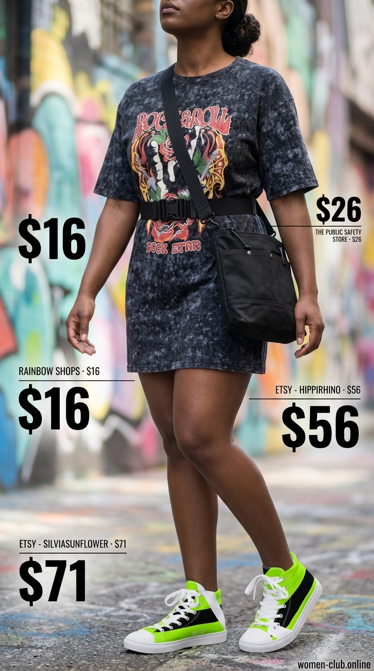 Baggy summer streetwear for women 2026: Charcoal graphic t-shirt dress, neon sneakers, utility belt for festival.