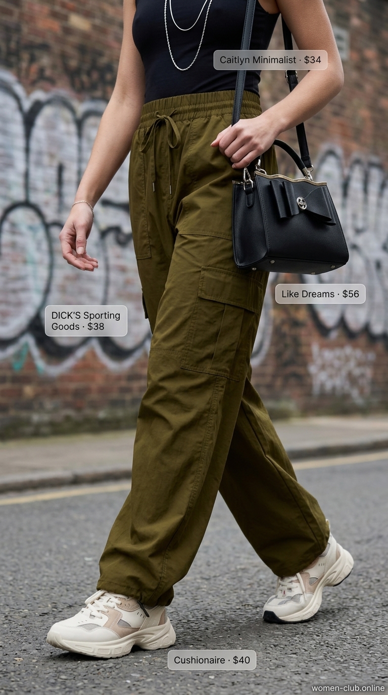 Baggy summer streetwear for women 2026: Khaki cargo pants, black crop top, sneakers for urban exploration.