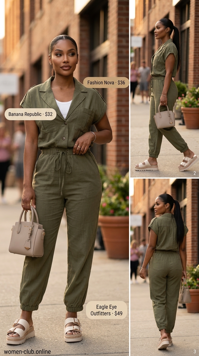 Baggy summer streetwear for women 2026: Olive green jumpsuit, cream tank, platform sandals, gold necklaces for brunch.