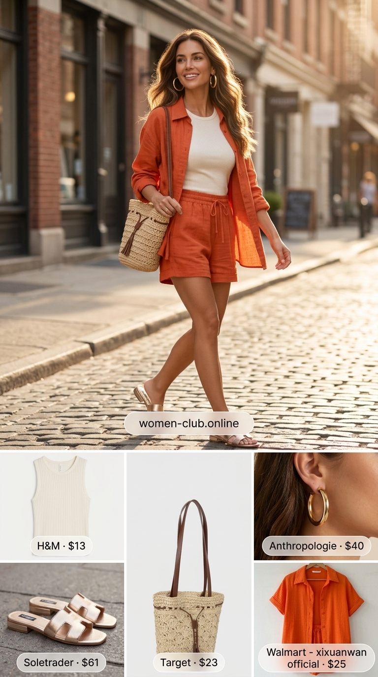 Baggy summer streetwear for women 2026: Terracotta linen shorts set, cream tank, gold earrings, straw bag, gold sandals.