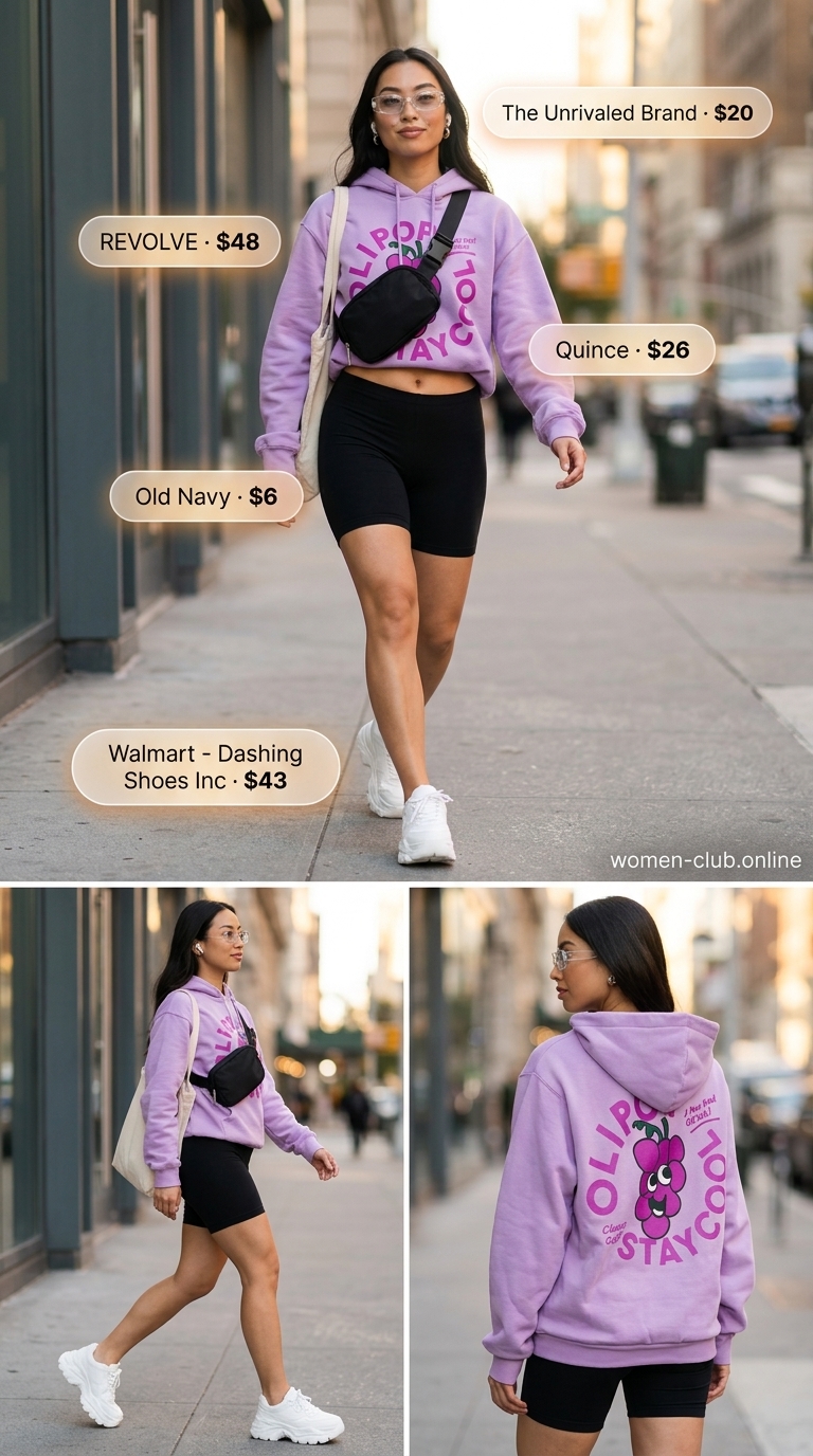 Baggy summer streetwear for women 2026: Lavender hoodie, biker shorts, platform sneakers, belt bag for cool hangout.