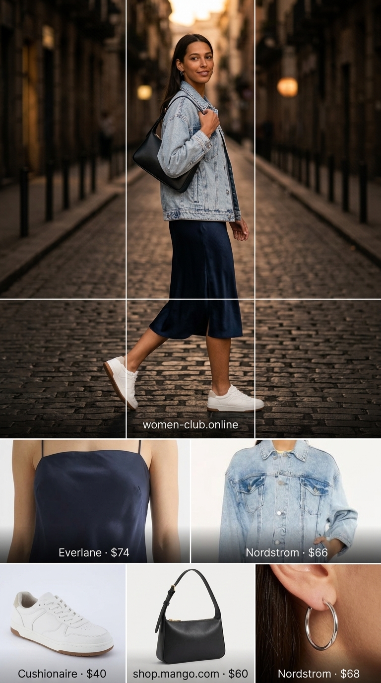 Baggy summer streetwear for women 2026: Navy satin slip dress, oversized denim jacket, white sneakers for date night.