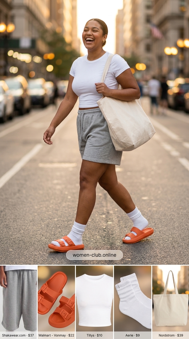 Baggy summer streetwear for women 2026: Heather grey sweat shorts, white baby tee, orange sliders, canvas tote bag.