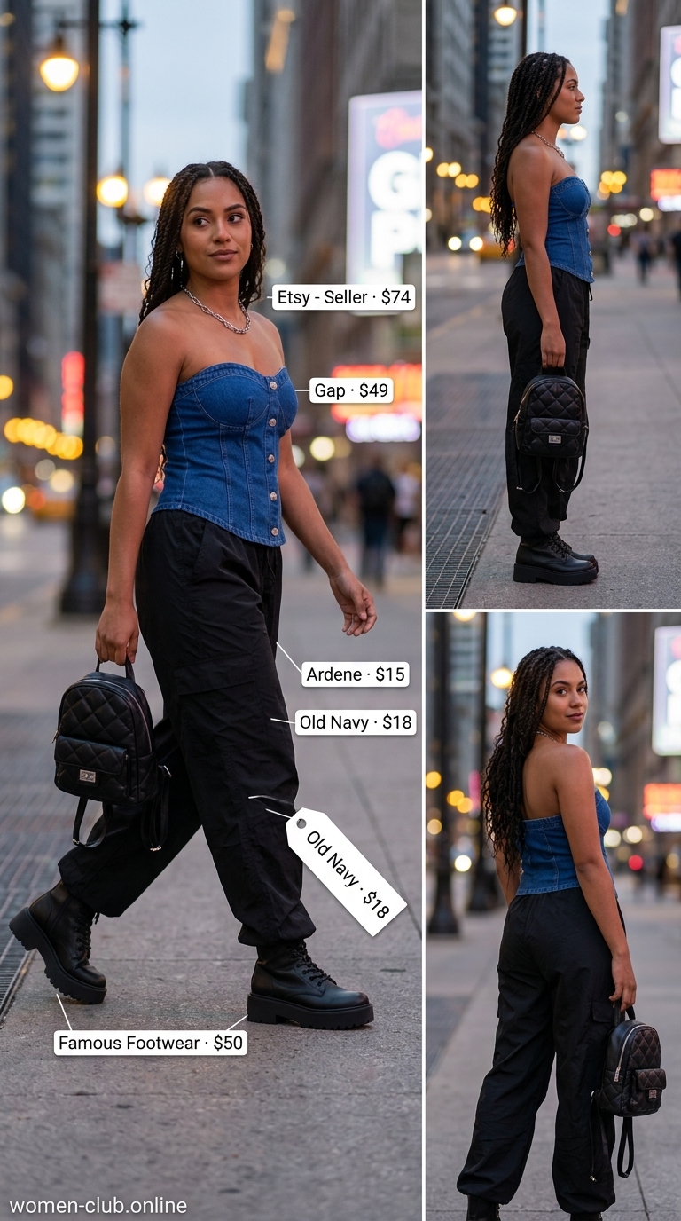 Baggy summer streetwear for women 2026: Black parachute pants, bright blue corset top, platform boots, silver necklace.