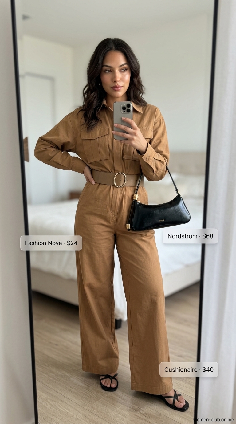 Baggy summer streetwear for women 2026: Khaki utility jumpsuit, black sandals, gold necklaces, and structured bag.