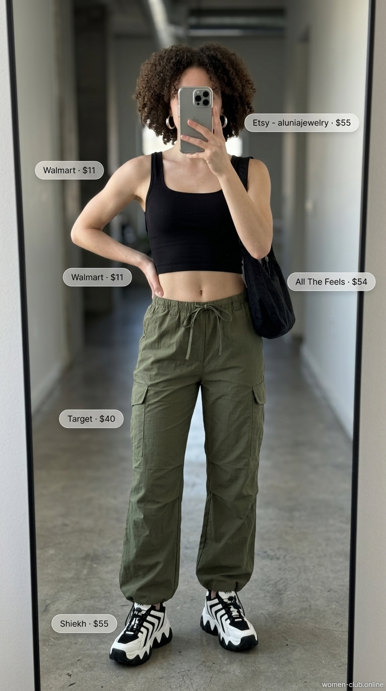 Baggy summer streetwear for women 2026: Olive green cargo pants, black tank, platform sneakers, silver earrings.